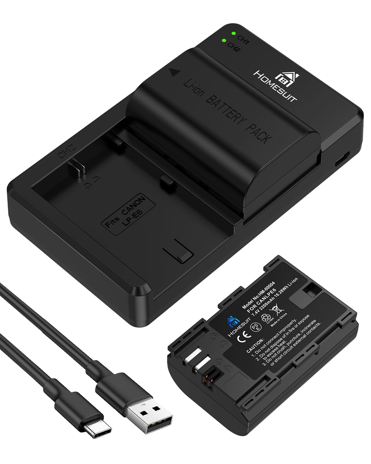 Homesuit LP-E6 LP-E6N Battery 2200mAh and Dual LED USB Charger Set Compatible with Canon 5D Mark II/III/IV, 5Ds, 5Ds R, 6D, 6D Mark II, 7D, 7D Mark II, 70D, 80D, 90D, XC10, XC15 Cameras (2-Pack)
