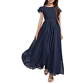 HOSIKA Girls Vintage Chiffon Ruffle Sleeve A-Line Wedding Party Maxi Junior Bridesmaid Dress for Kids 6-12 Years