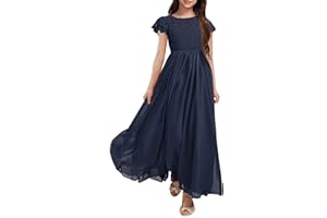 HOSIKA Girls Vintage Chiffon Ruffle Sleeve A-Line Wedding Party Maxi Junior Bridesmaid Dress for Kids 6-12 Years