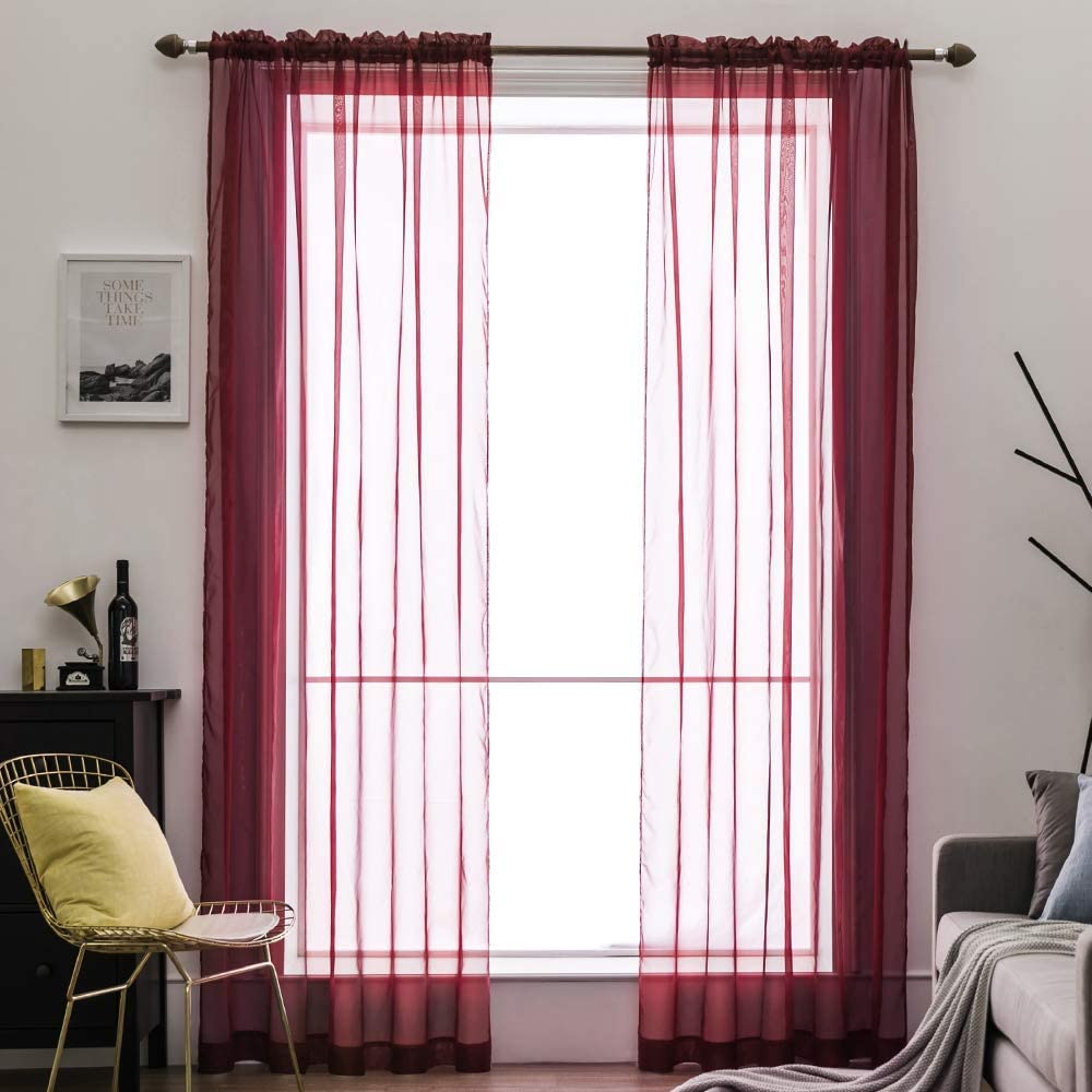 MIULEE 2 Panels Solid Color Sheer Window Curtains Christmas Decoration Smooth Elegant Window Voile Panels/Drapes/Treatment for Bedroom Living Room 55" Wx110 L, Rod Pocket Red
