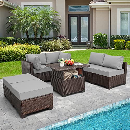 Outdoor Patio Dark Brown Rattan 7 Piece Sectional Furniture Set PE