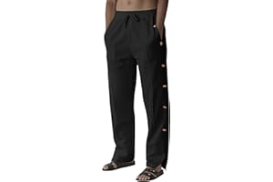 TRFIC Mens Linen Pants Summer Casual Button Straight Beach Pants Baggy Elastic Waist Drawstring Yoga Trousers with Pockets