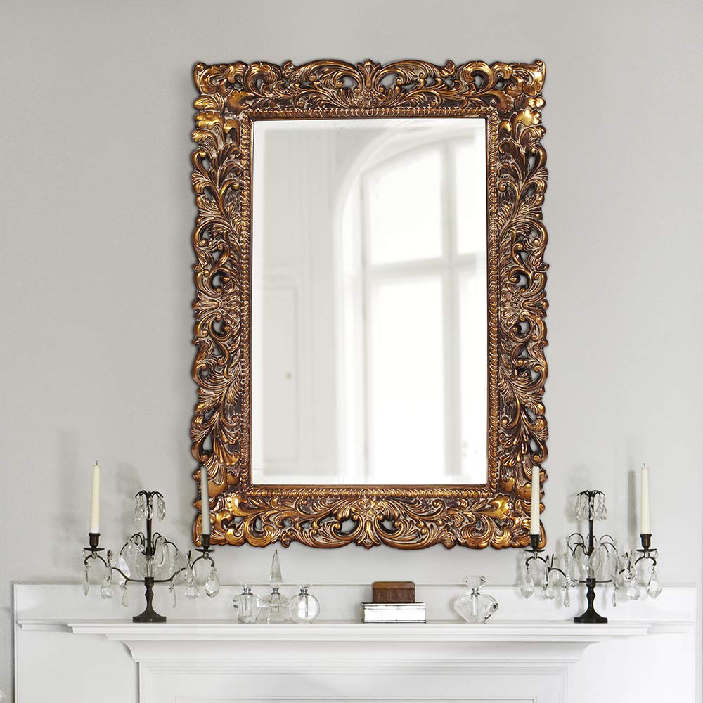 Photo 1 of Howard Elliott Barcelona Hanging Rectangular Framed Wall Mirror, Antique Gold Resin, Traditional Designer Mirror for Home, Living Room or Bedroom, 23 x 35 Inch