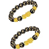 Yecomsy 2Pcs Pixiu Wealth Bracelet FengShui Wealth Luck Bracelet Black Obsidian Buddha Beads Elastic Bracelet for Women Men