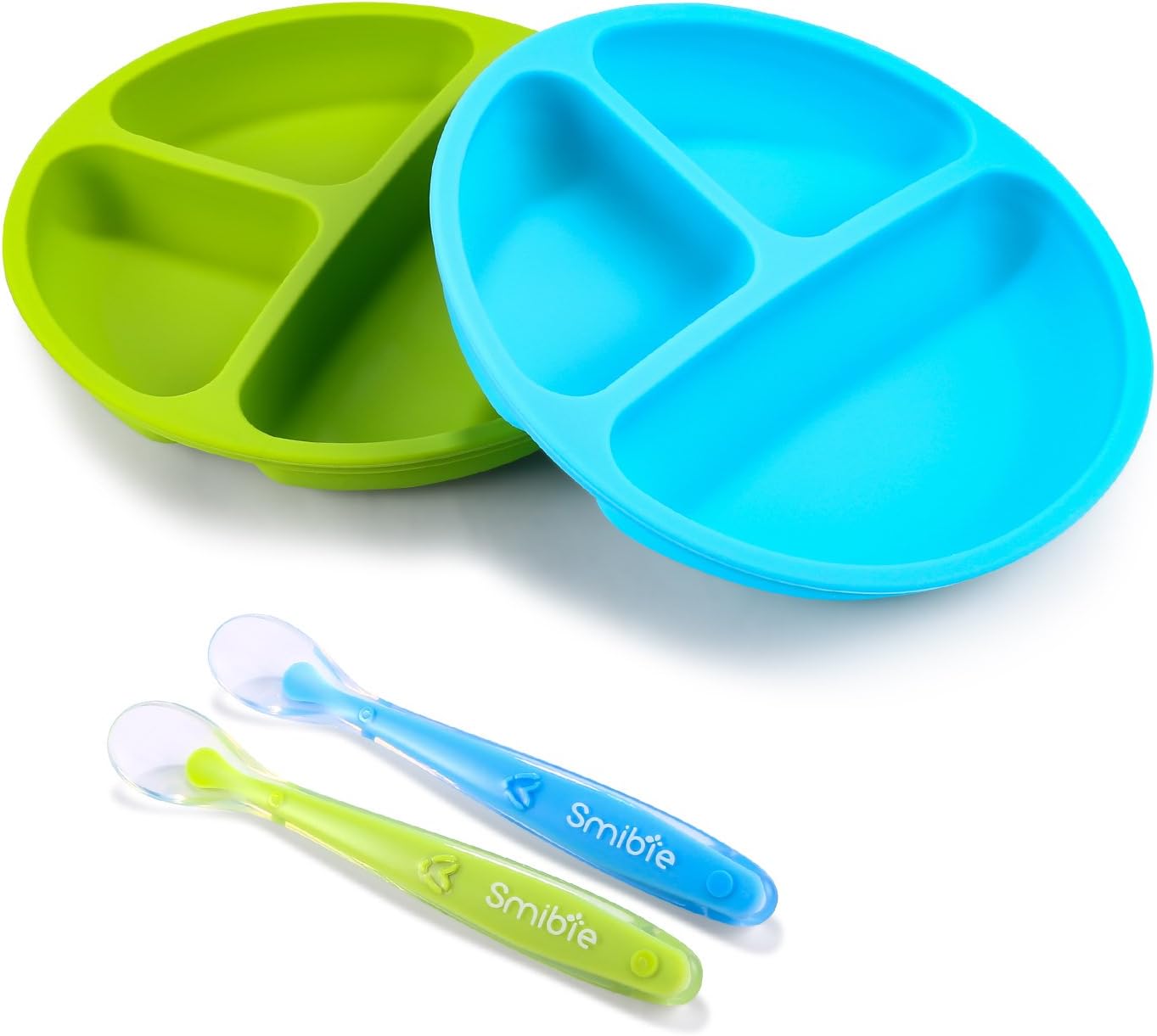 Smibie Silicone Divided Plate-2 Pcak and Silicone Spoon-2 Pack Self Feeding Set, Non Skid and Unbreakable- BPA Free - Microwave and Dishwasher Safe for Babies Toddlers and Kids