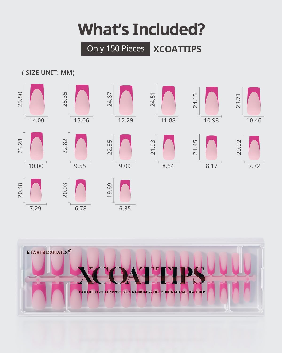 BTArtboxnails XCOATTIPS Pink French Tip Press On Nails - Long Press On Nails Square, Soft Gel Nail Tips, 150Pcs Soak Off Acrylic Pink Fake Nail Extension in 15 Sizes - Image 6