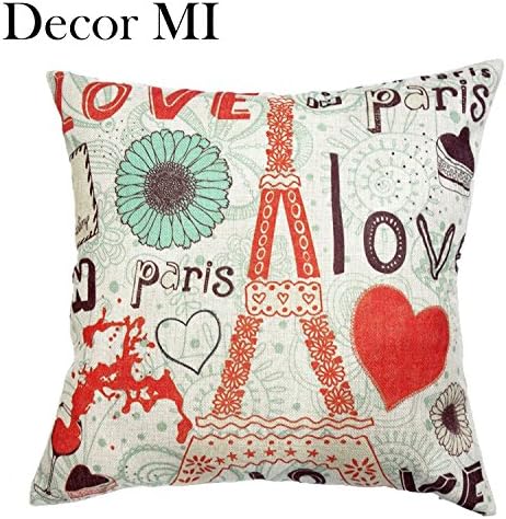Colourful Love Paris Pattern Cotton Square Throw Pillow Case Decorative Durable Cushion Slipcover Home Decor Standard Size Pillowcase Slip Cover 18x18 Inch