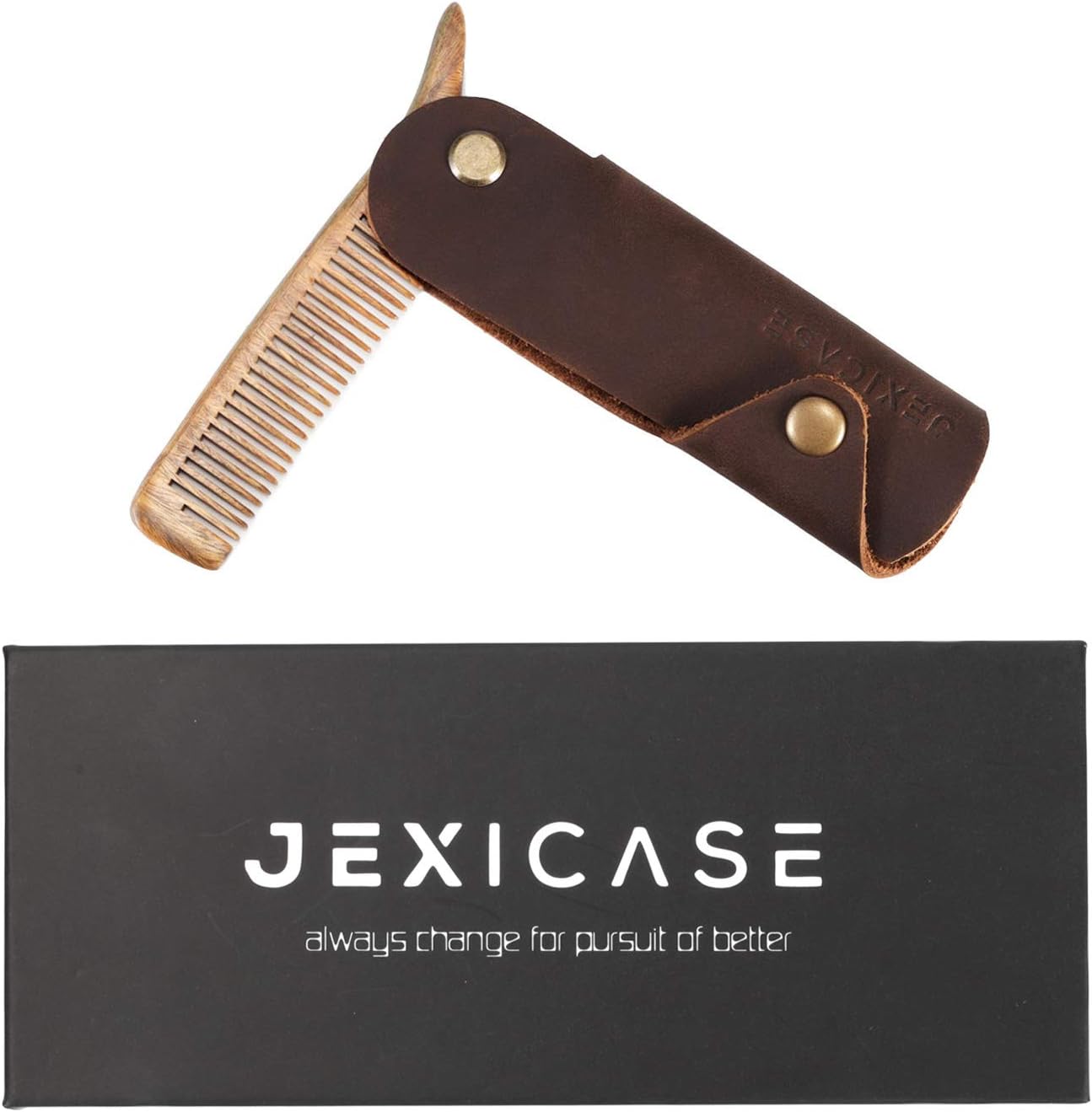 JEXICASE Folding Beard Comb with Genuine Leather Case Natural Green Sandalwood Comb Valentine's Day Gift for Grooming & Combing Hair Pocket Comb for Hair & Mustaches Single Holes