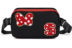 SWEET LION Chenille Initial Bow Mouse Fanny Pack, Park Crossbody Bag Christmas Birthday Gifts for Teen Girls Daughter Bestie Women Kids Adults, Black Cute Belt Bag Must Haves for Park Travel Running Letter S