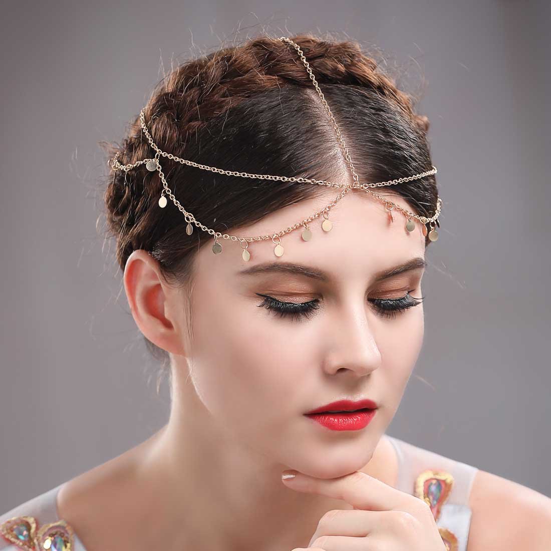 Aukmla Gold Small Coins Hair Chain Boho Festival Wedding Headpiece Head Chain Spring Summer Christmas Headchain Gold Hair Jewelry for Women and Girls : Beauty
