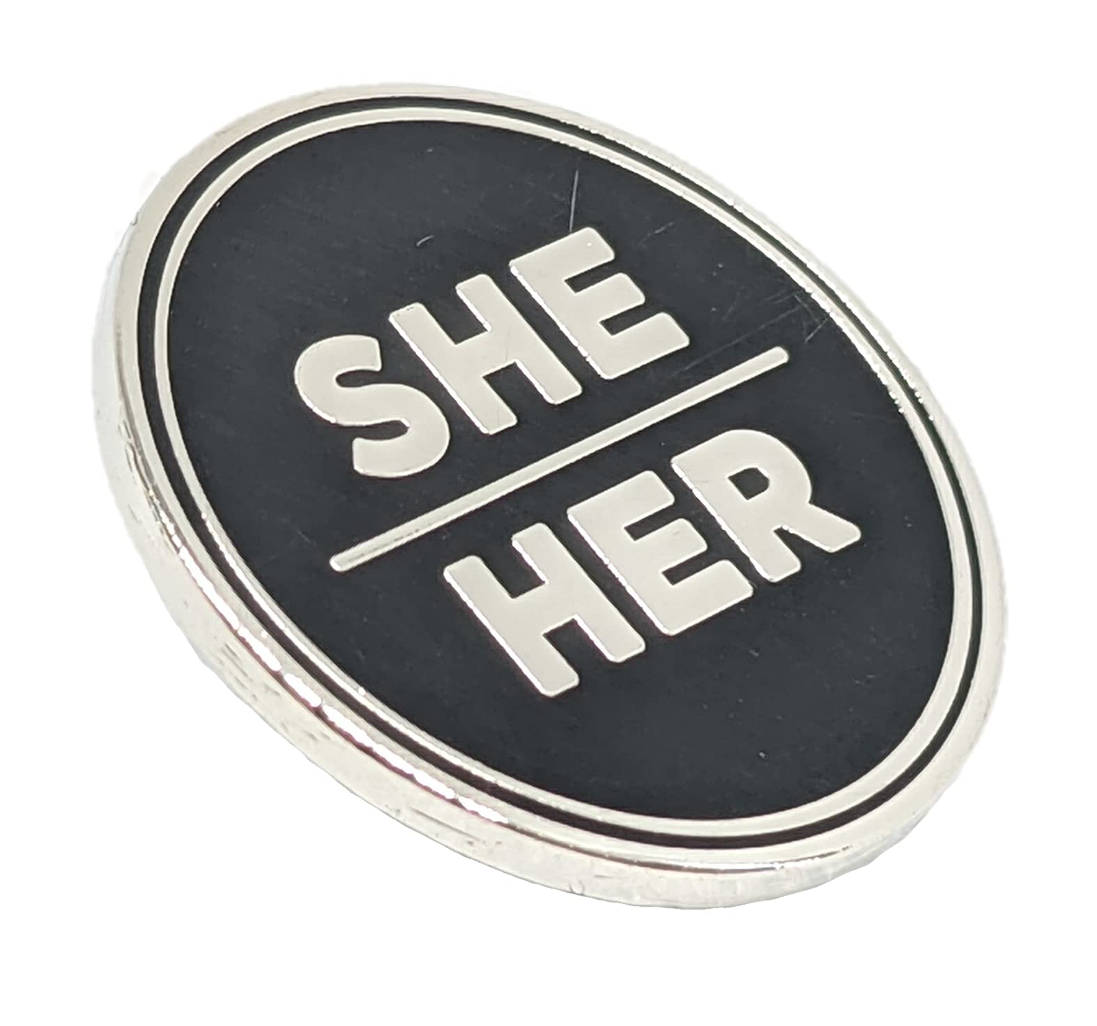 She Her Pronoun Pin Black and Silver Circular Hard Enamel Pronoun Pin | She Her Gender Identity Workplace Pronoun Button, 1.25 inches, Zinc, star