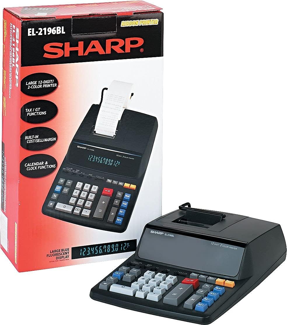 Sharp 12-Digit Print Calculator Desktop Size Adding Machine, Perfect for Everyday Use and Office, Bright, Large Easy-to-Read Numbers on Both The Display and The Two-ColorPrinted Tape (EL2196BL)