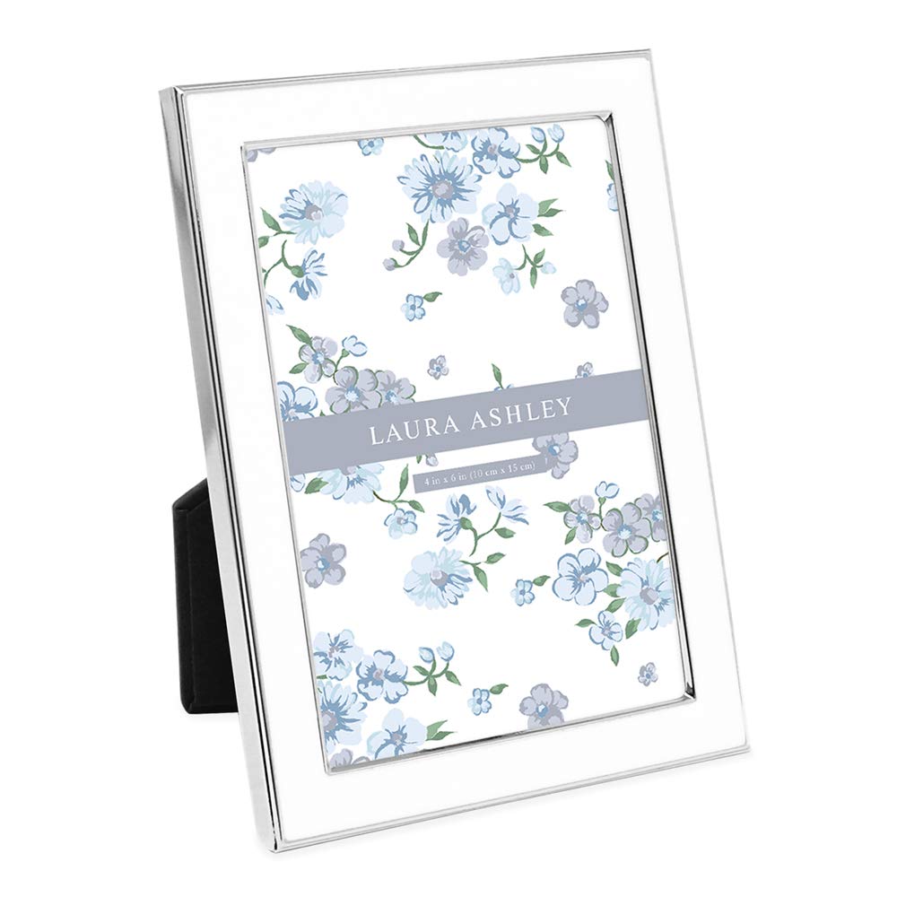 Laura Ashley 4x6 White Enamel Picture Frame, Silver Metal Edge with Easel, for Countertop, Counterspace, Tabletop Display, Bookshelf, Desk, Wall Décor, Photo Gallery