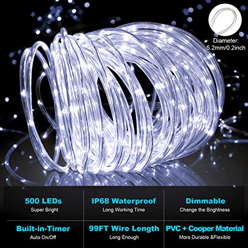 99Ft LED Rope Lights Outdoor, 500 LEDs Fairy String Lights Plug in 8 Modes, Dimmable, Super Durable, Waterproof String Lights Outdoor Indoor for Patio Wedding Christmas, 2 Remote Control (White)