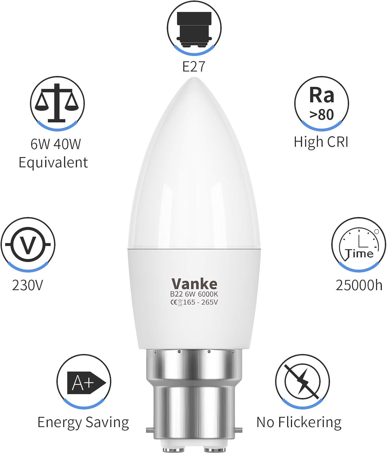Vanke Bayonet Candle Light Bulb 40w Equivalent, B22 LED Bulbs Cool White 6000K, 6w Energy Saver Bulb, 470 Lumen, Non-Dimmable, 3-Pack - Image 4