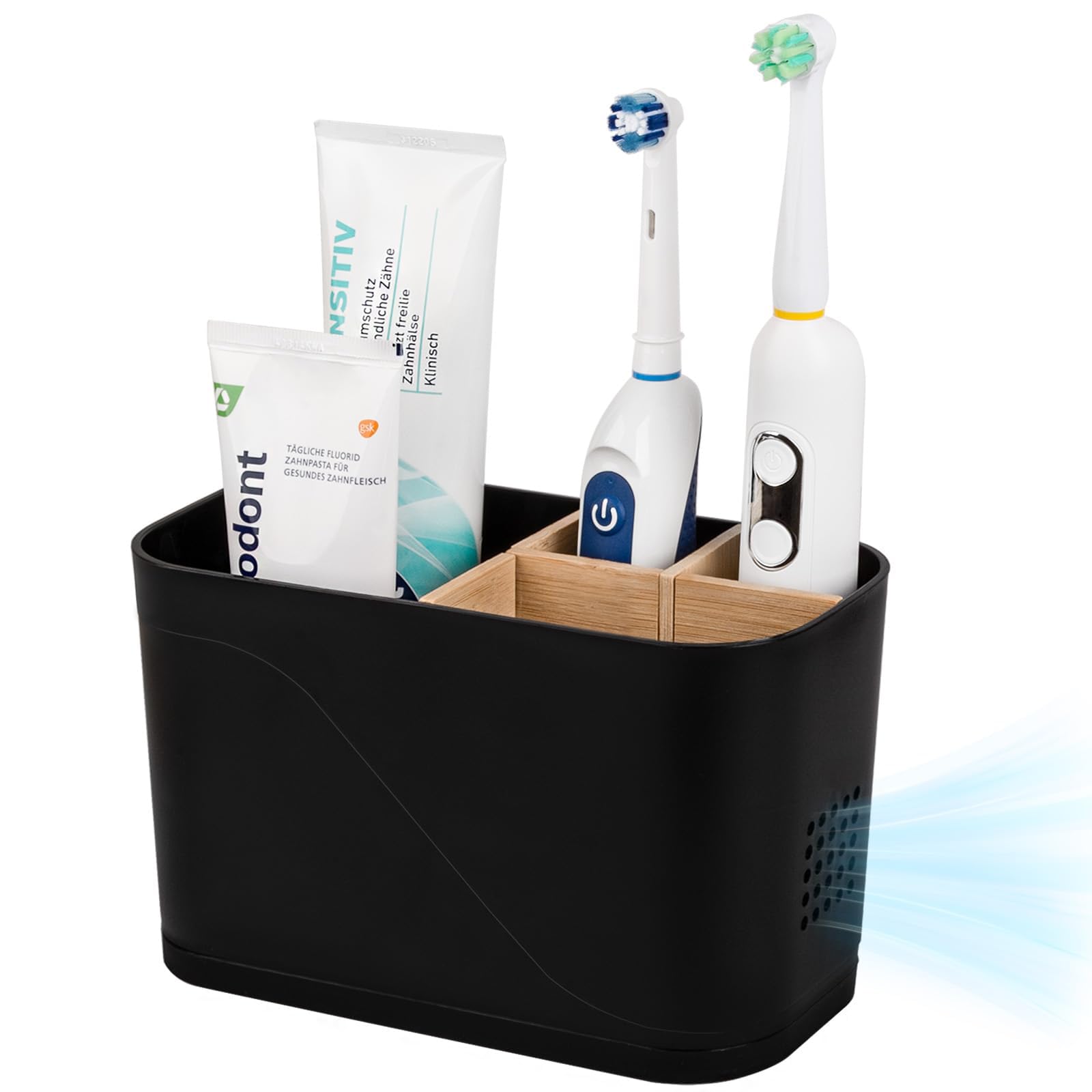 Photo 1 of ***ONE OF THE WOODEN PIECES BROKE OFF, FACTORY SEALED, FINAL SALE***#Toothbrush Holders for Bathrooms, Electric Tooth Brush Holder with Bamboo Dividers Kids Toothbrush and Toothpaste Organizer for Bathroom Countertop Accessories Storage, 4 Slots, Black***