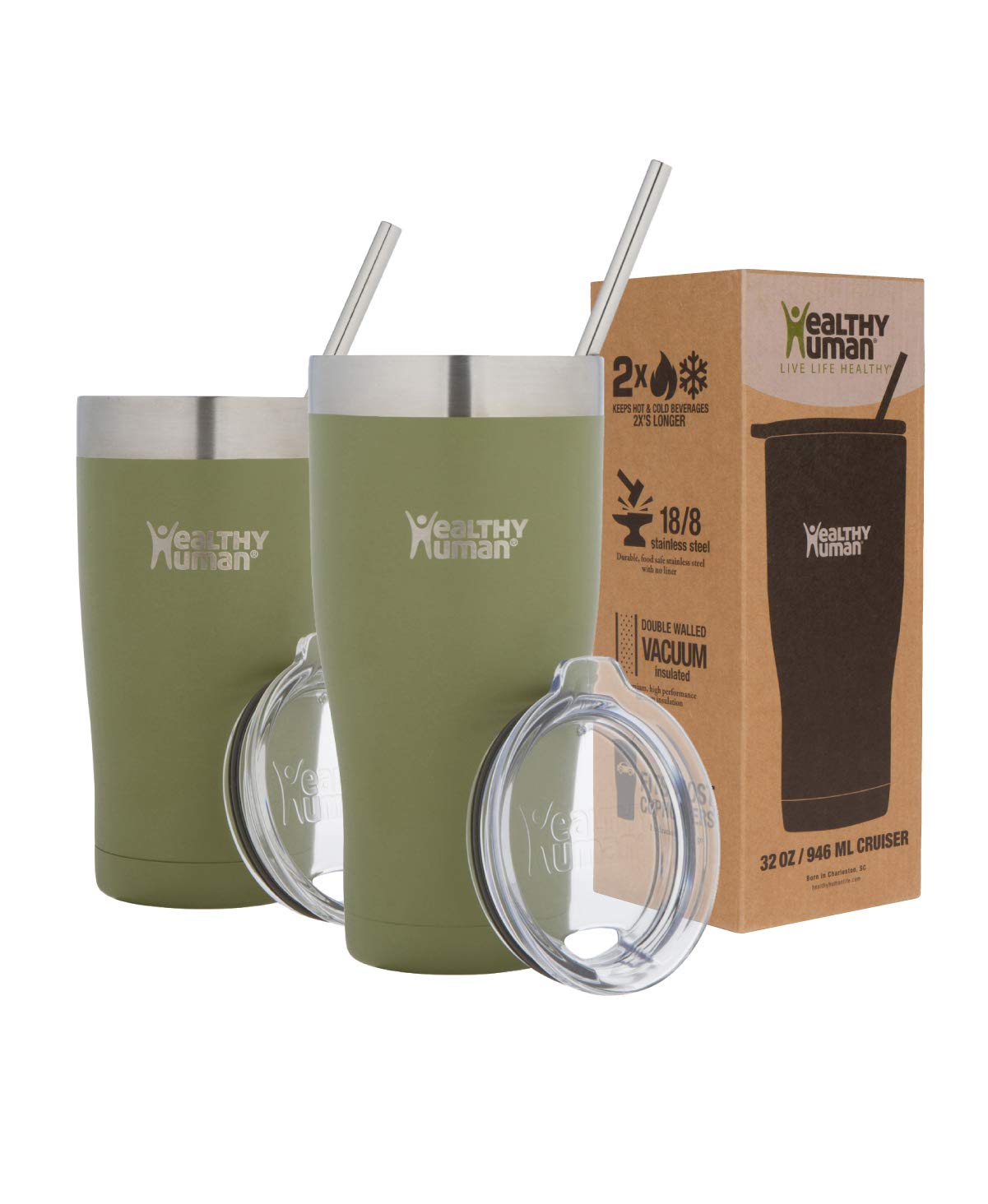 Healthy HumanStainless Steel Tumbler with Straw & Lid | Splash Proof Insulated Travel Cup | Eco-Friendly Coffee Tumblers | Water Cups with Straws Cleaner and Splash Proof Lids (20oz, Olive)