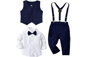 BABY AMABC Toddler Baby Boy Clothes Suit 5Pcs Gentleman Wedding Party Outfits，Formal DressShirt+Bowtie+Vest+Suspender Pants,12M-5T