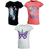 MISS POPULAR Girls 3-Pack Super Soft Short Sleeve T-Shirts Unicorn Butterfly Glitter Print Cute Design| Sizes 7-16