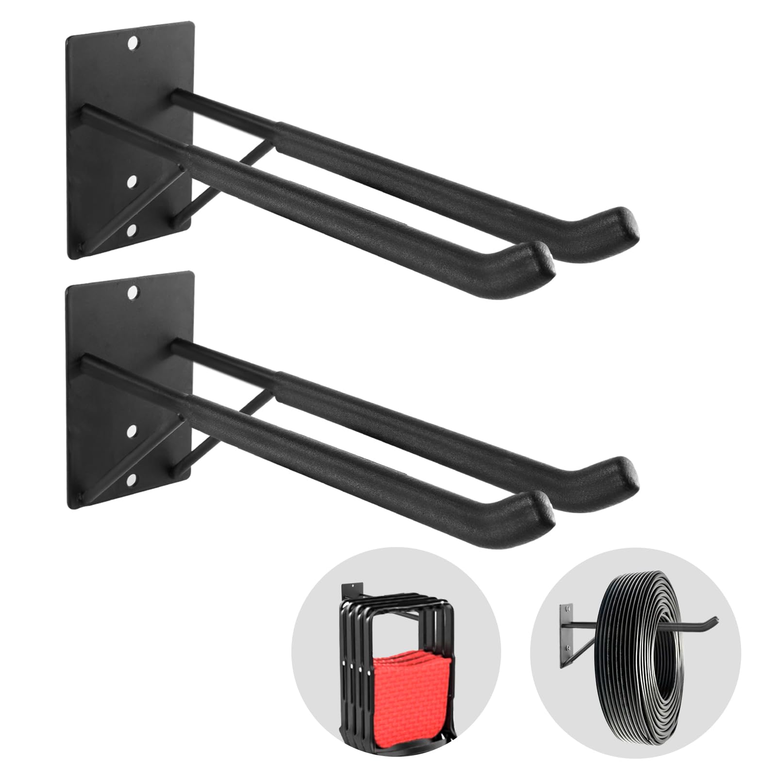 Photo 1 of FancyEagle 14" Large Heavy Duty Garage Hooks, 2-Pack Steel Garage Storage Hooks with Support Rods, Utility Wall Mount Hangers for Power Tools, Car Tires, Ladders, Chairs, Garden Tools and More