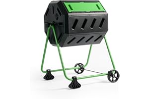 FCMP Outdoor HOTFROG Mobile Dual Chamber Tumbling Composter with Wheels - Outdoor Rotating Garden Compost Bin (HF-IM4000-WK) Black & Green (37-Gallon)