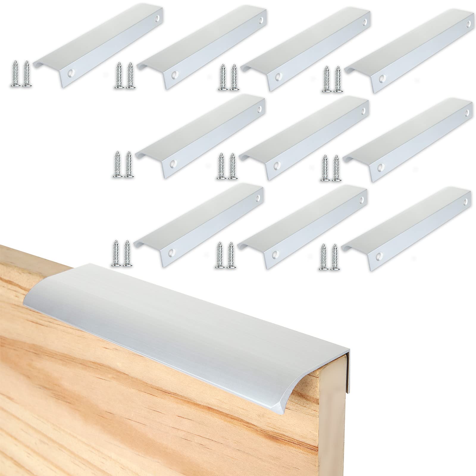 AHUNTTER 10PCS Hidden Cupboard Handle Modern Style Finger Edge Pull Concealed Drawer Handles Curved Furniture Cabinet Pulls 150mm Length for Home Kitchen Door Drawer Cupboard, Silver