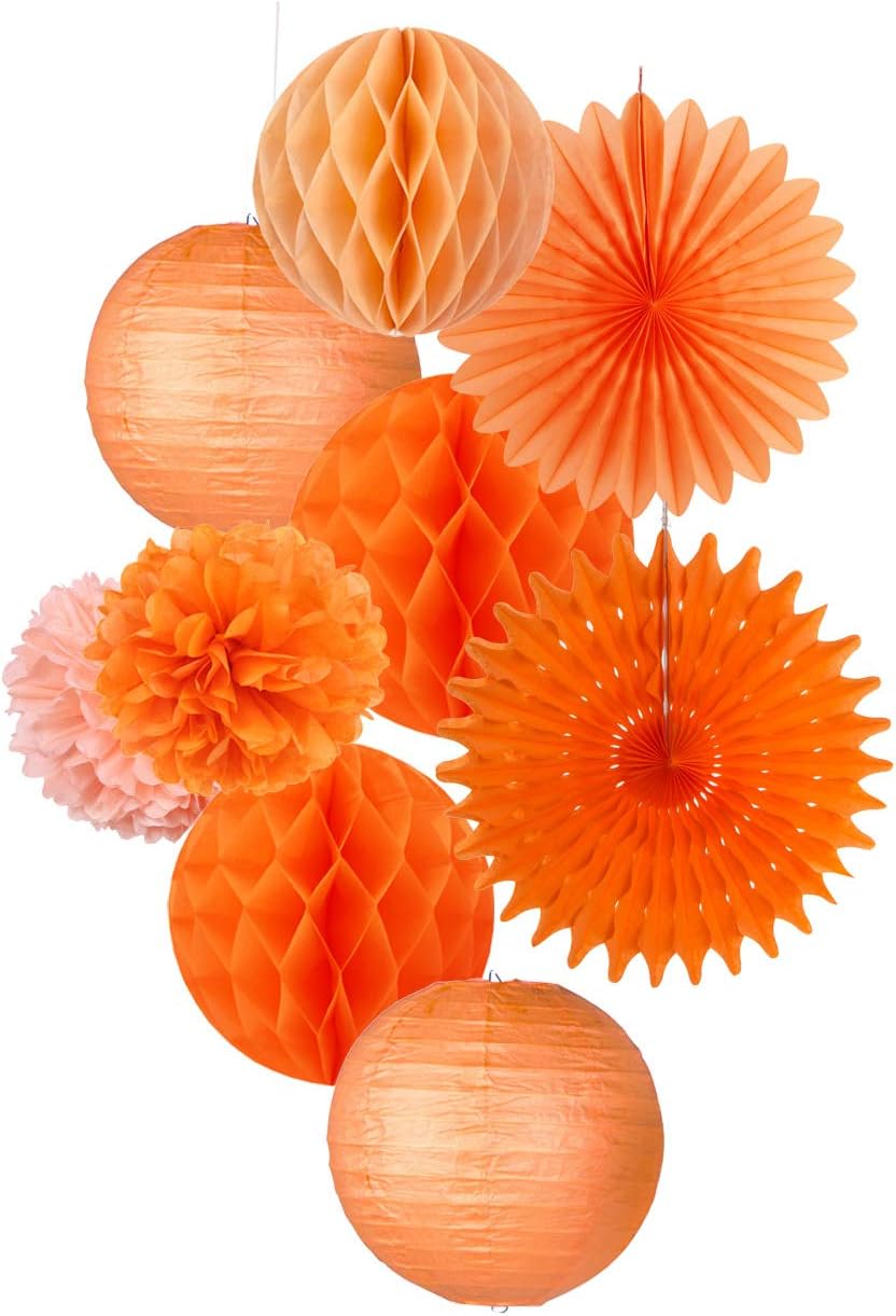 EASY JOY Orange Paper Fans Party Decorations Tissue Paper Pom Poms Paper Fans Paper Lanterns Paper Honeycomb Balls Orange for Spring Birthday Wedding Party Hanging Paper Decorations