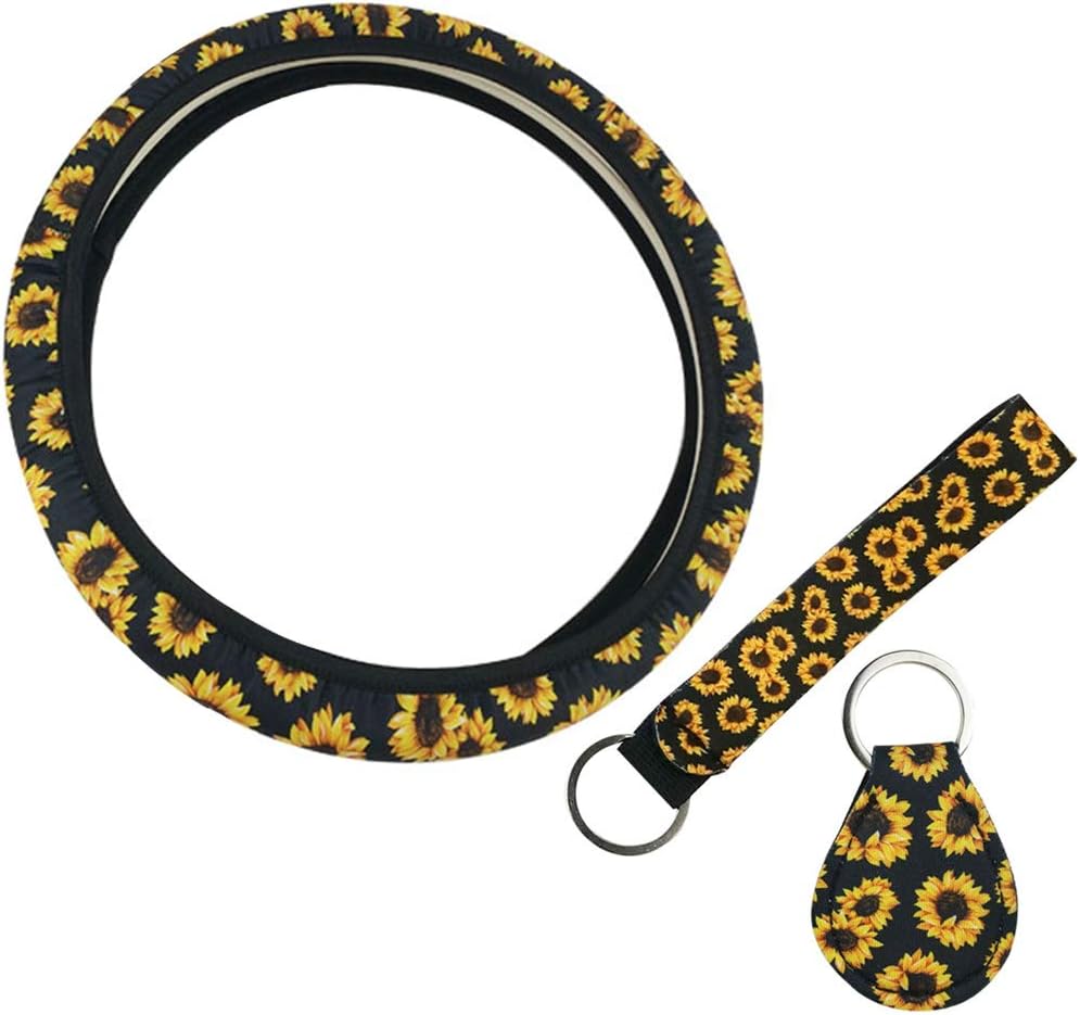 Comfy Durable Sunflower Steering Wheel Cover with Cute Sunflowers Key Ring