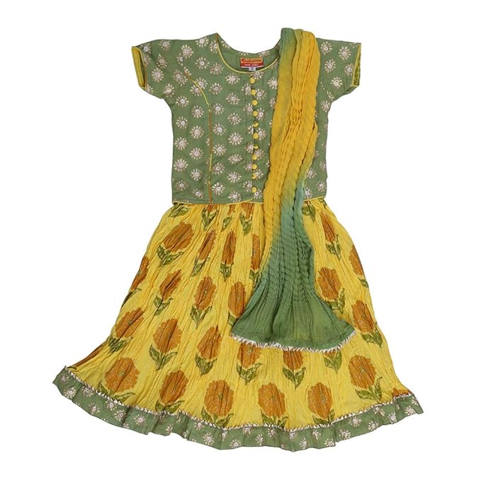 Exclusive from Jaipur By Hopscotch Girls Cotton Printed Top Yellow Cotton Skirt Shaded Malmal Dupatta in Red Color