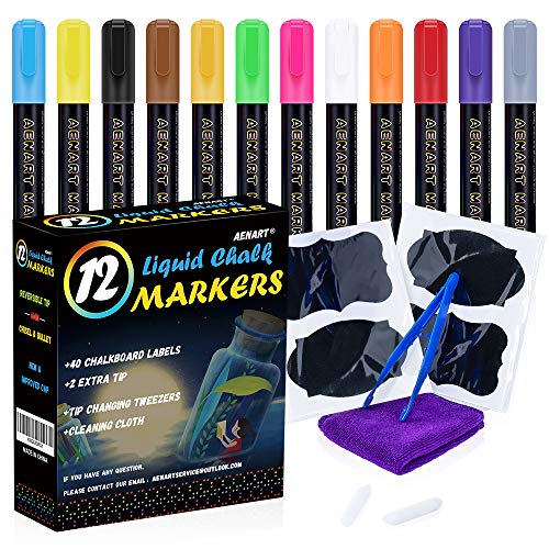 Liquid Chalk Markers, 12 Pack of Neon Chalk Pens for Nonporous Chalkboards, Blackboards, Glass and Windows (Arts Chalk Markers with Reversible Bullet and Chisel Tip)