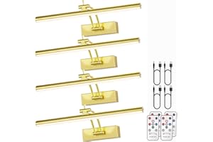 Yuichoy 4 Pack Picture Light Battery Operated for Wall, 12" Wireless Display Art Lighting for Painting with Remote, Dimmable 4200mAh Library Light, Gold Picture Frame Lights for Gallery