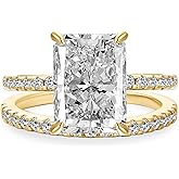 Effinny 4.0ct Radiant Cut Engagement Ring Set,Rectangle Crushed Ice D Color 14K Gold Plated 925 Sterling Silver Bridal Ring Set with Half Eternity Wedding Band
