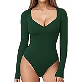 MANGOPOP Sweetheart V Neck Bodysuits for Women Long Short Sleeve Body Suits Tops Shirt