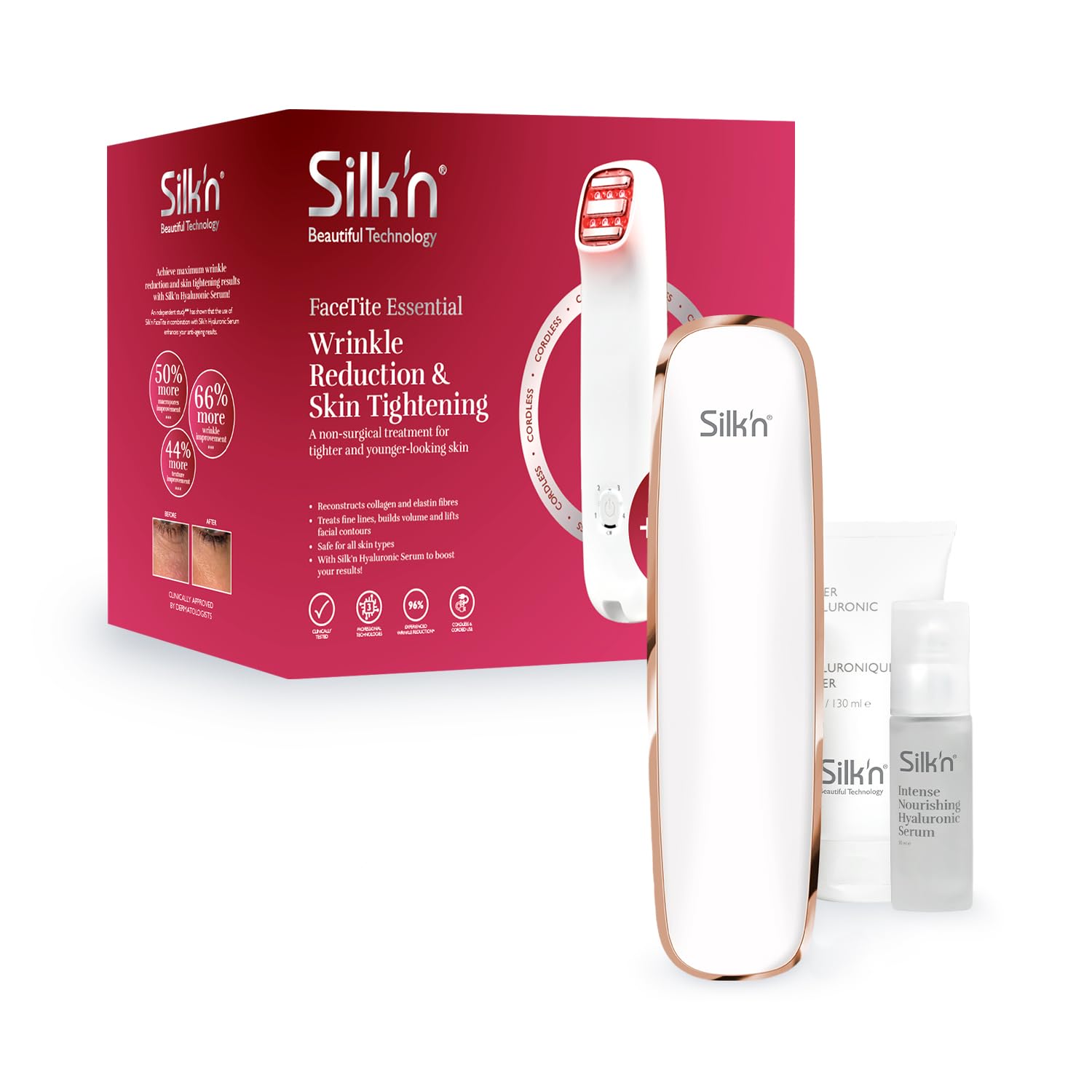 Silk'n FaceTite Essential - Wrinkle reduction and skin firming - Anti-aging device - With Silk'n Hyaluronic serum concentrate