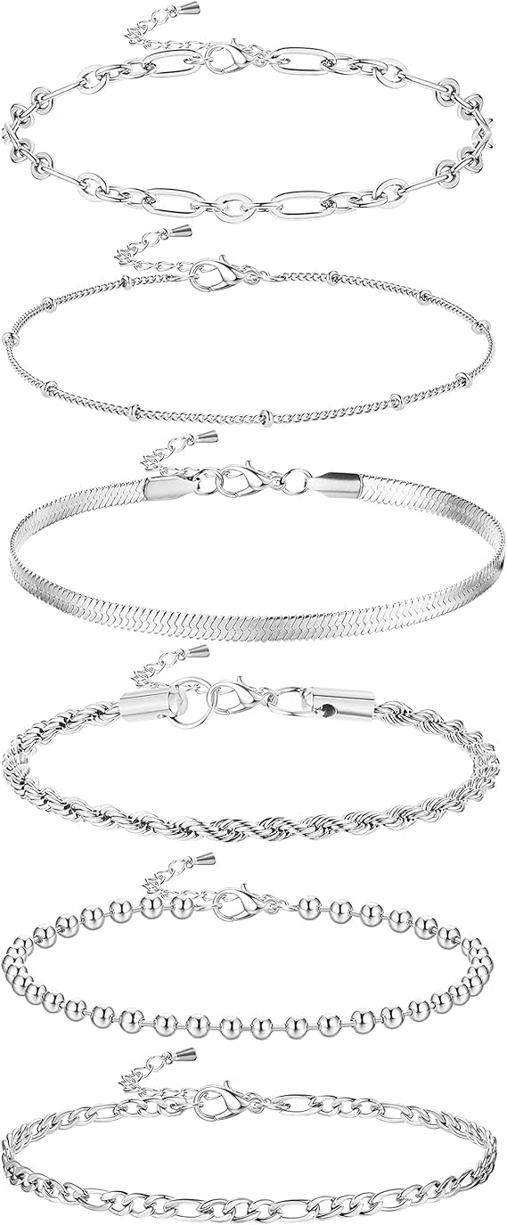 MILACOLATO 6Pcs Bracelet Sets for Women Girls Boho Layered Silver Beaded Bracelet Party Fashion Exquisite Stainless Steel Twist Chain Figaro Bangle Chain Jewelry Adjustable for Women and Girls