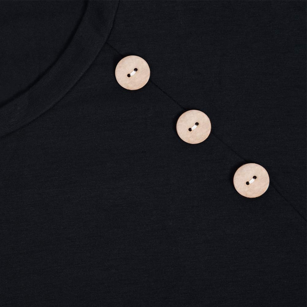 Women\'s Long Sleeve T Shirt Crew Neck Button Casual Blouses Tops with Pocket Black, 3XL