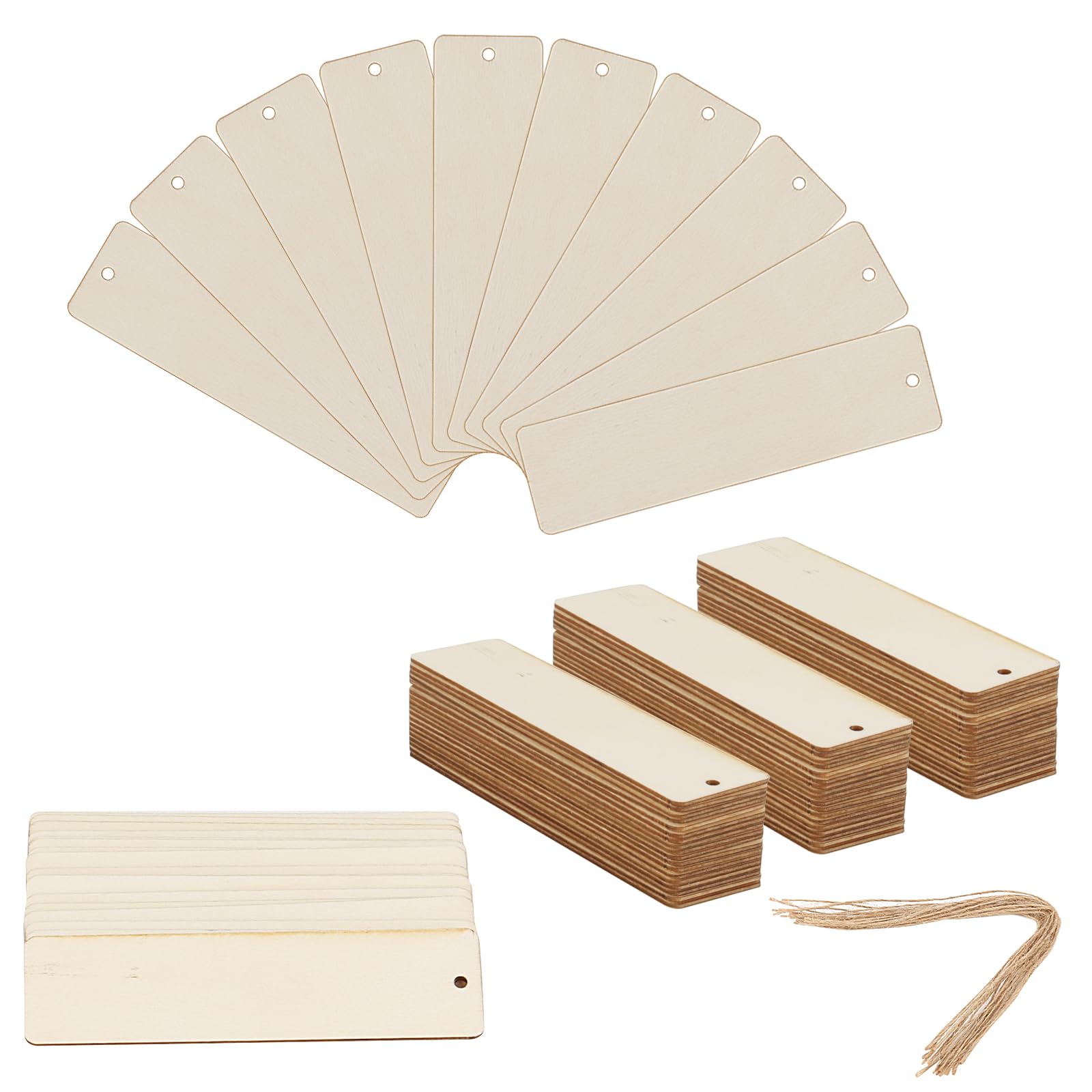 JOIKIT 100Pcs Wooden Bookmarks, 12 x 3.2cm Rectangle DIY Craft Bookmarks with Holes and Ropes for Ornaments