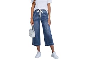 Wide Leg Capris Jeans for Women High Waisted Pull On Stretchy Denim Pants Summer Stretch Cropped Jean Trousers