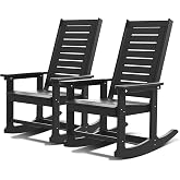 GREENVINES Oversized Outdoor Rocking Chairs Set of 2, HDPE Rocker, Black | 21.7" Wide Seat | All Weather | Plastic Porch Chair | High Ladder Back | Big &amp; Tall | Heavy Duty | for Patio Balcony Deck
