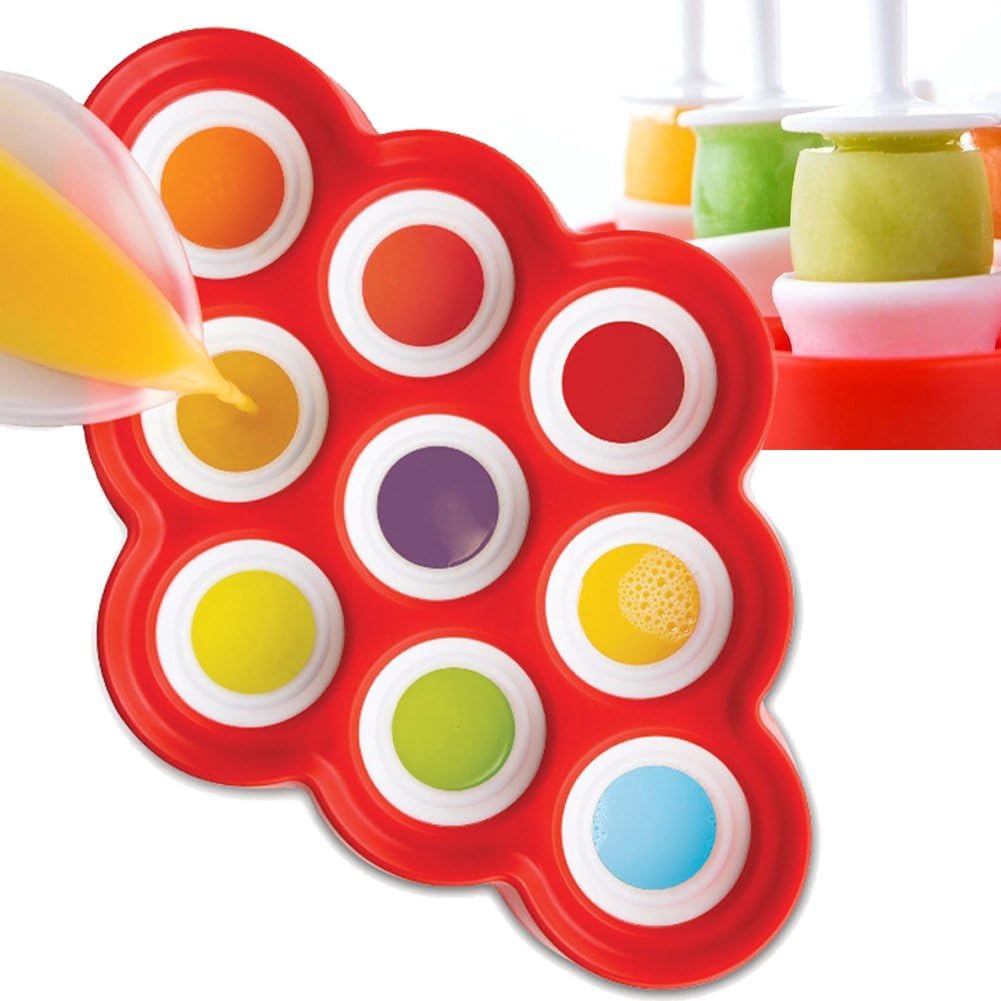 Ranbow BPA Free Silicone Popsicle Molds, Homemade Mini Ice Pop Maker for Kids, Teething Babies, Candy Molds for Children - Set of 9 Sticks Easy Release Red Ice Molds