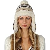 PENINSULA LOVE Women Winter Peruvian Cover Ears Beanie Hat Faux Fur Earflap Trapper Hat Sherpa Knit Snow Ski Cap with Pompom
