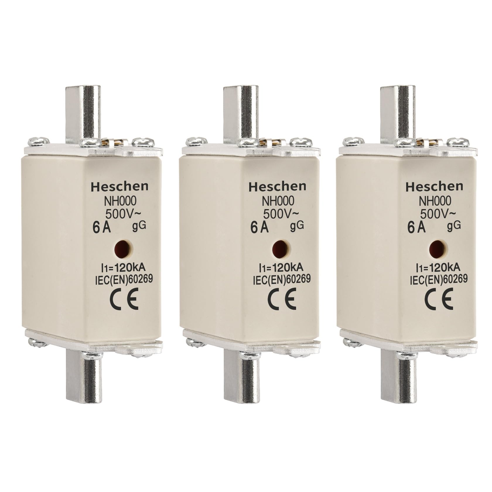 Heschen NH Fuse Link, NH000, 6A, gG, Front Indicator Combination Detector, Pack of 3