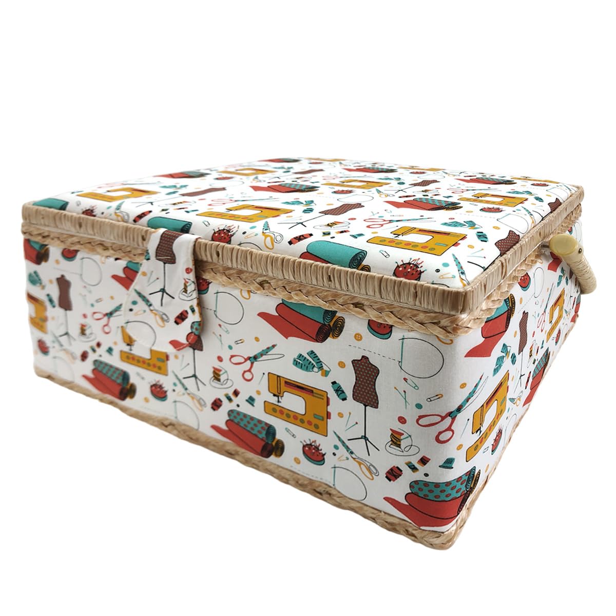 JYC CREATIVE Medium Wooden Sewing Box, Fabric-Lined Sewing Box with 5 Compartments, Organizer with Pin Cushion, Storage Box with Handle, Tray for Accessories,