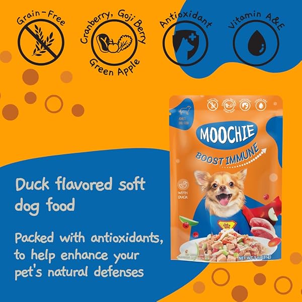 MOOCHIE SOFT WET DOG FOOD – SUPERFOOD SELECTION – DUCK, SALMON & CHICKEN LIVER FLAVORS – NO ARTIFICIAL FLAVORS OR PRESERVATIVE -12 X 2.5 OZ POUCH