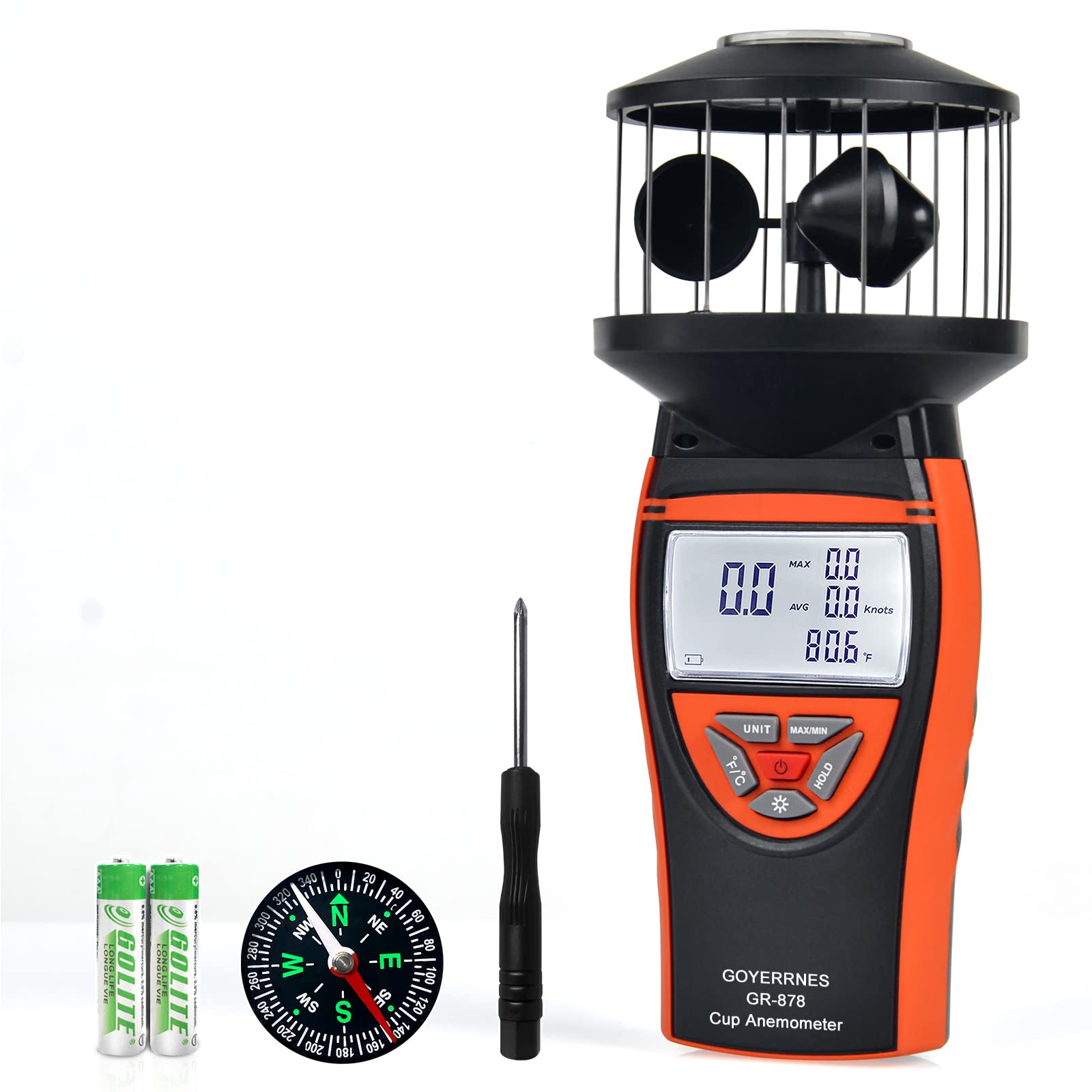 Digital Wind Speed Anemometer Handheld,GR-878 Wind Speed Gauge Meter Shows Wind Temperature,Max/Min/Avg Air Volume,Wind Velocity/Direction with Compass for HVAC Weather Monitoring