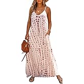 Bluetime Women Summer Spaghetti Strap Maxi Dress V-Neck Sleeveless Flowy Boho Floral Beach Long Dress with Pockets