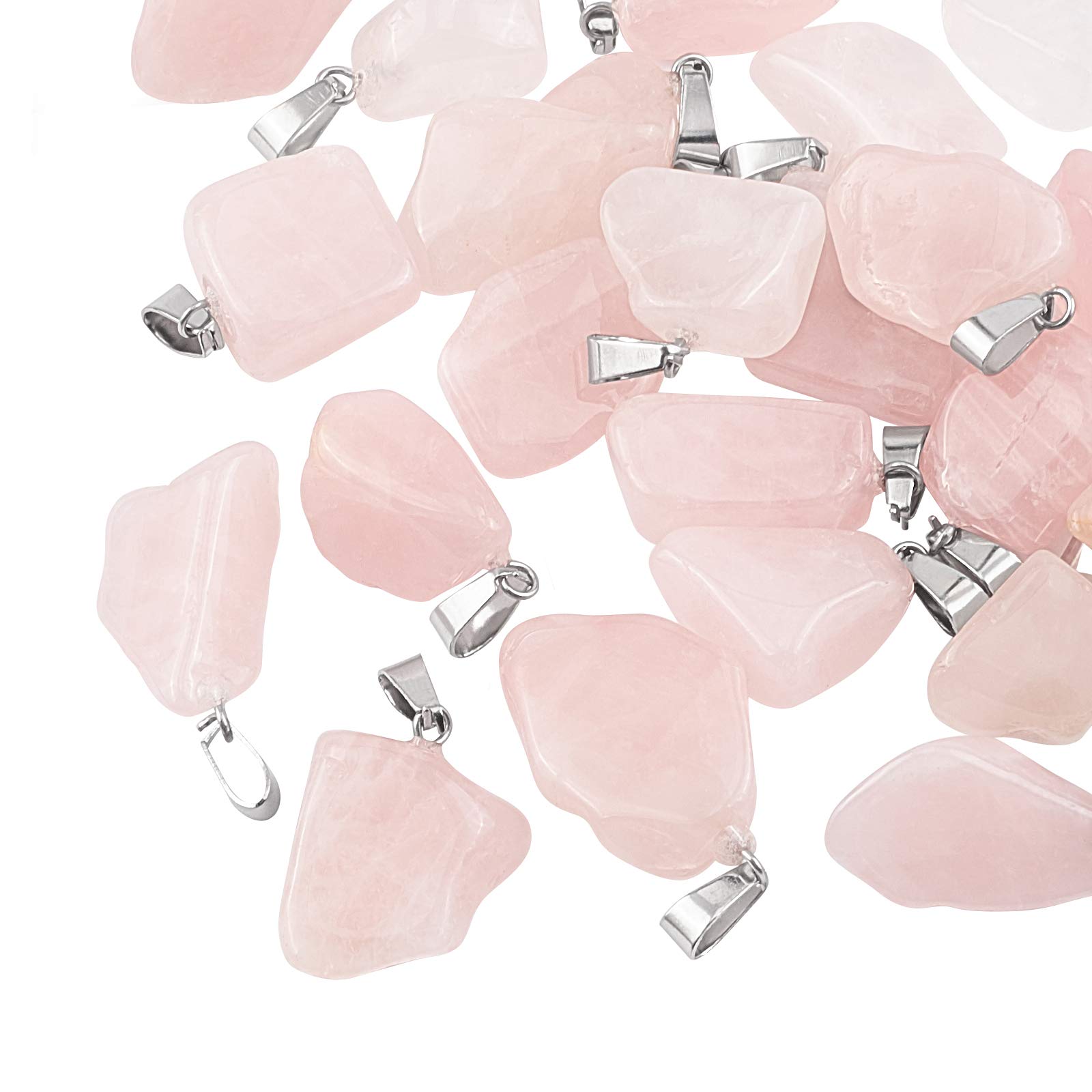 UNICRAFTALE 24pcs Natural Rose Quartz Pendants Gemstone Charms Stone Pendants with Stainless Steel Snap On Bails Nuggets Charms Large Hole Pendant for Jewelry Making for Fortune Tree Decar