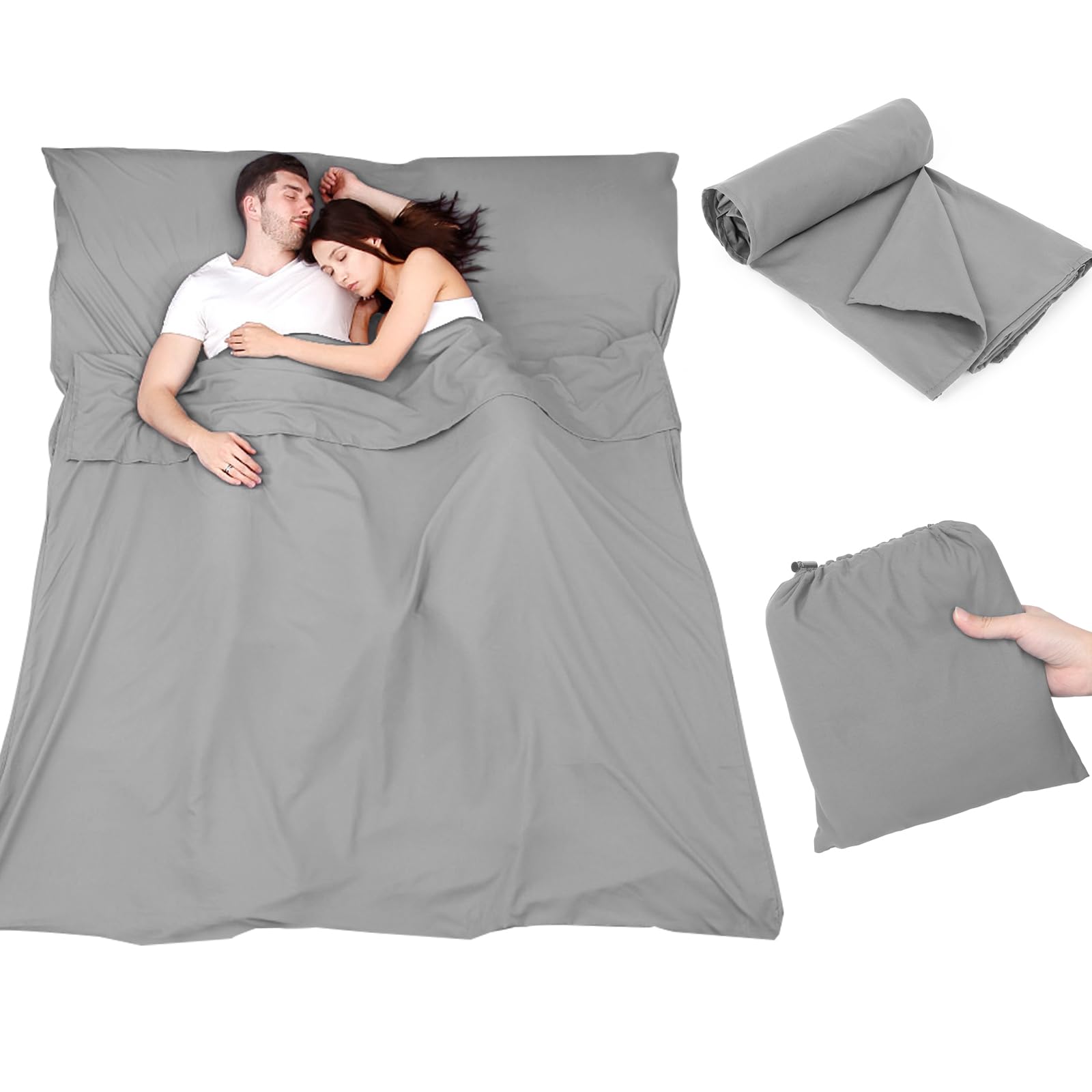 Plliocse Sleeping Bag Liner Travel Sheet Sleeping Bag, Double Size 160 x 210 cm Sleeping Bags Liners with Pillow Pockets for Adults, Travel, Hotels, Business Trip, Camping (Grey, 160cm x 210 cm)