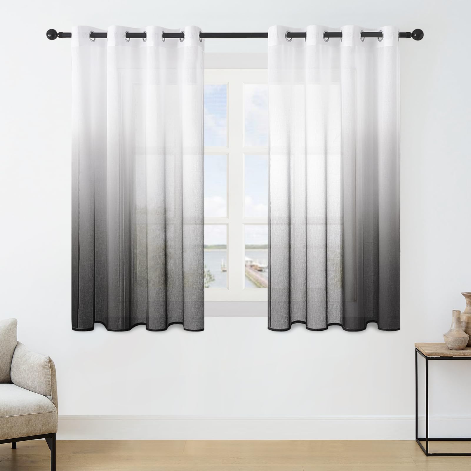 MRTREES Voile Curtain 63 Inch Drop 2 Panels Black and White Faux Linen Gradient Voile Curtains Eyelet for Living Room Kids Bedroom Patio Door 55x63 Inch Drop Short Curtains 140x160cm