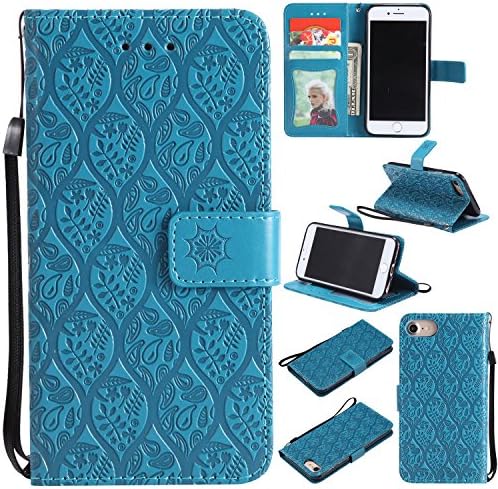 iPhone 8 Wallet Case iPhone 7 Case LEMY JOURNEY Vintage Emboss Floral PU Leather&amp;Soft TPU[Card/Cash Slots][Wrist Strap]Wallet Magnetic Flip Case For iPhone 8/7 (FV-BLUE)